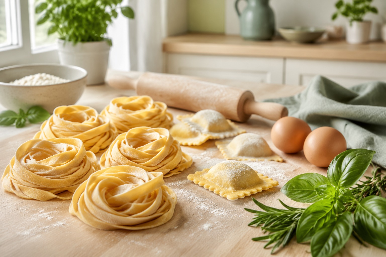 Pasta fresca, ravioli, huevos y hierbas sobre una mesa de cocina de madera